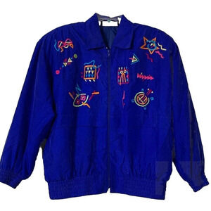 Vintage Cache’ 90’s Y2K Silk Embroidered Electric Blue Windbreaker Jacket L (L26